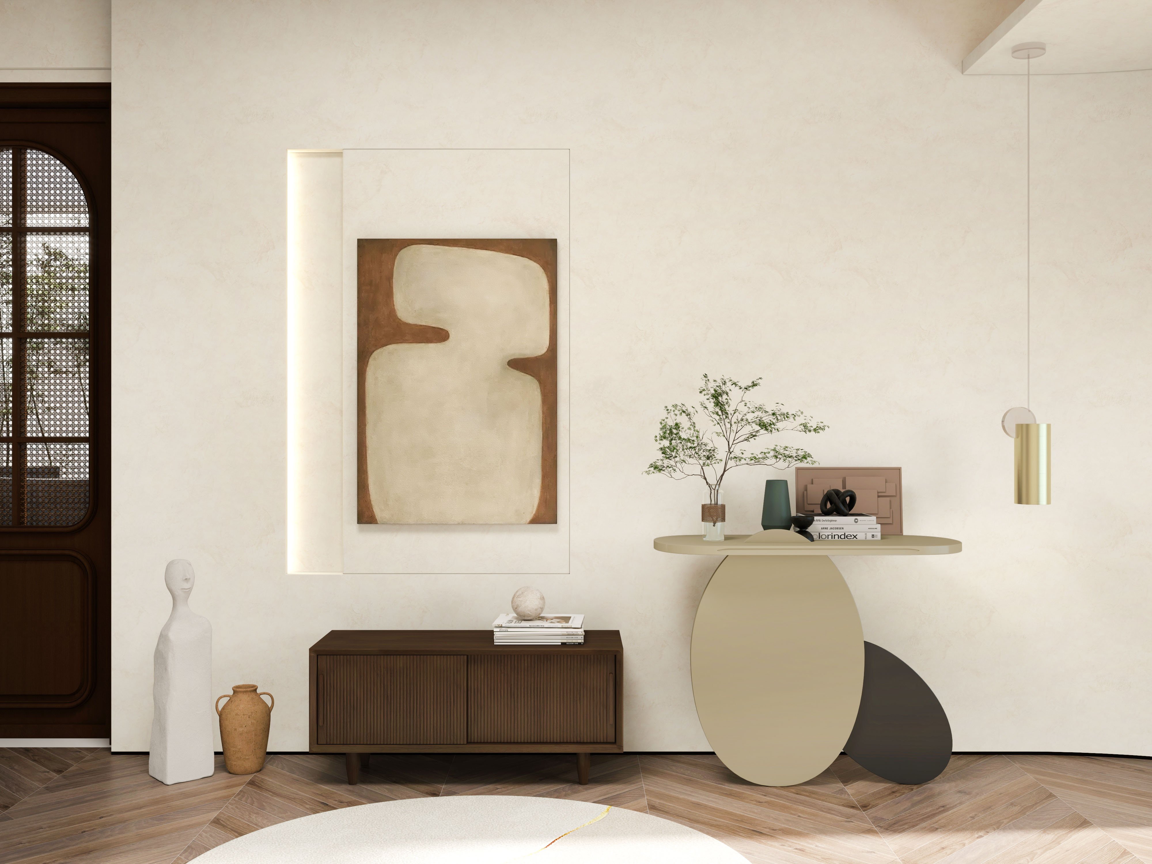HMR - 39.4" Modern Console Table Oval Wood Entryway Table with Circle Base Light Khaki