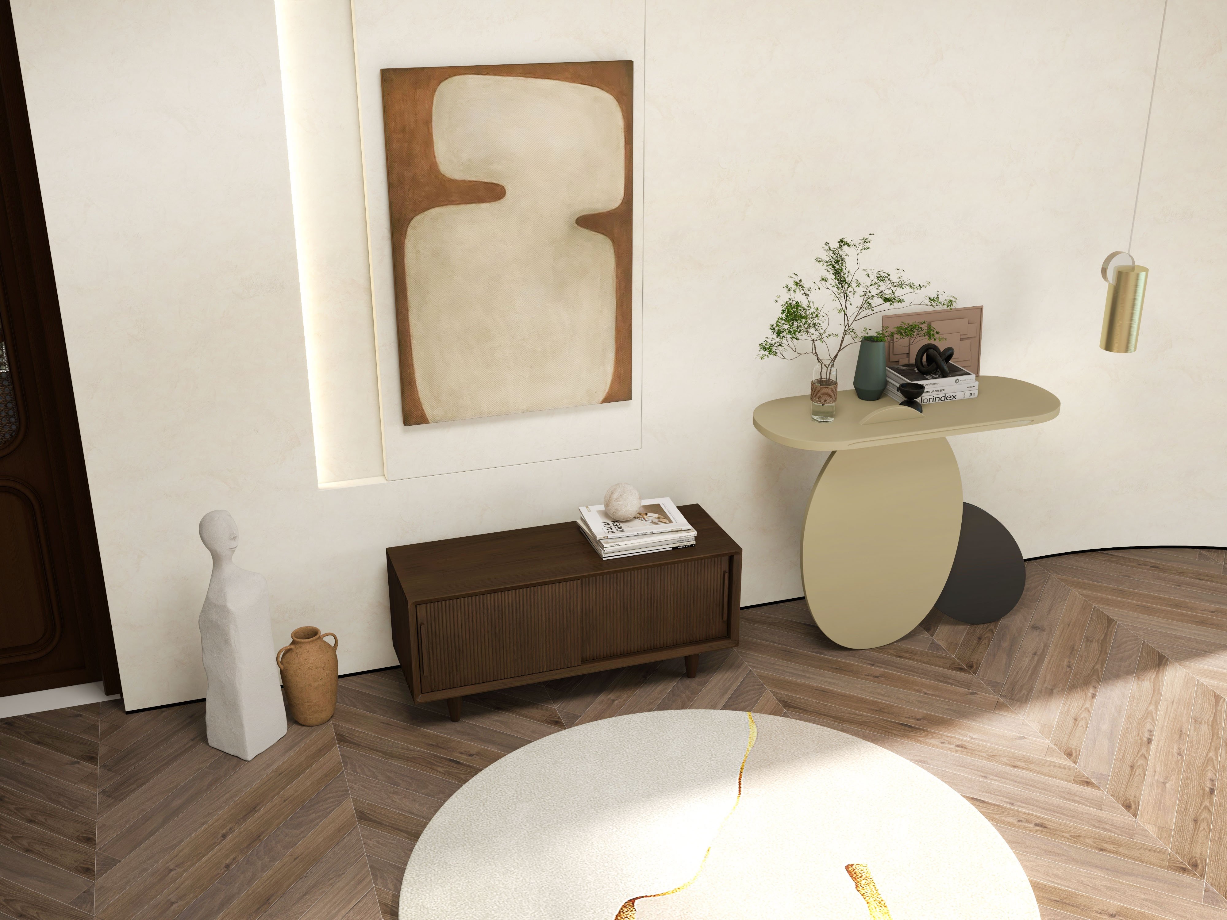 HMR - 39.4" Modern Console Table Oval Wood Entryway Table with Circle Base Light Khaki