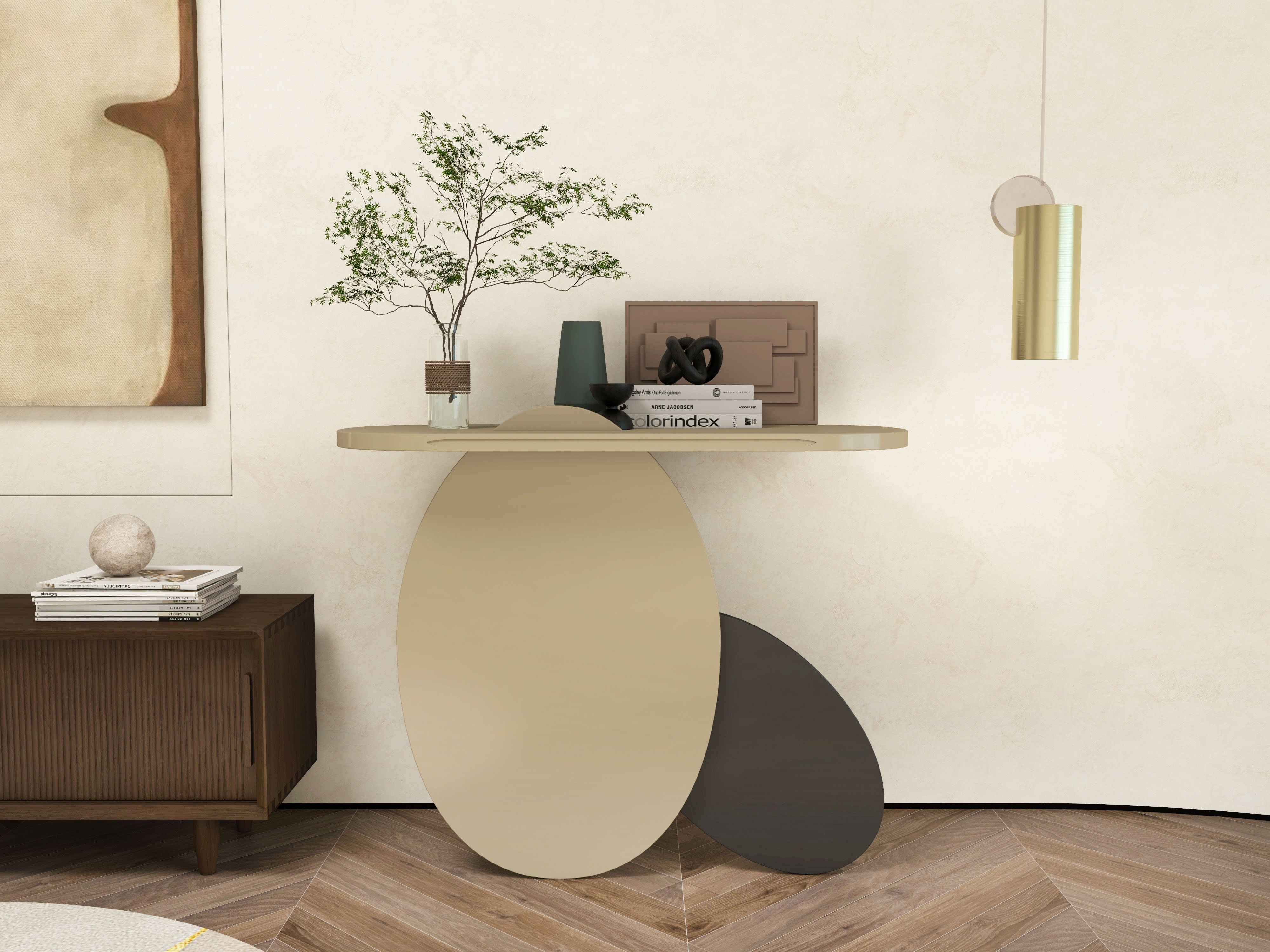 HMR - 39.4" Modern Console Table Oval Wood Entryway Table with Circle Base Light Khaki