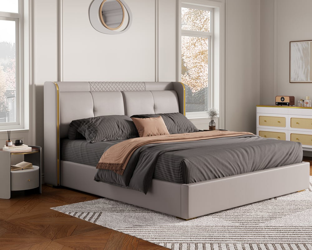 HMR Leather Upholstered King Bed with Wingback Headboard - Light Gray, King Size