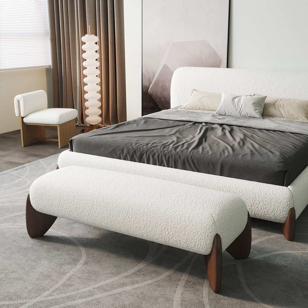 HMR Curva White Boucle Platform King Size Bed & Bedroom Bench Set - White, King