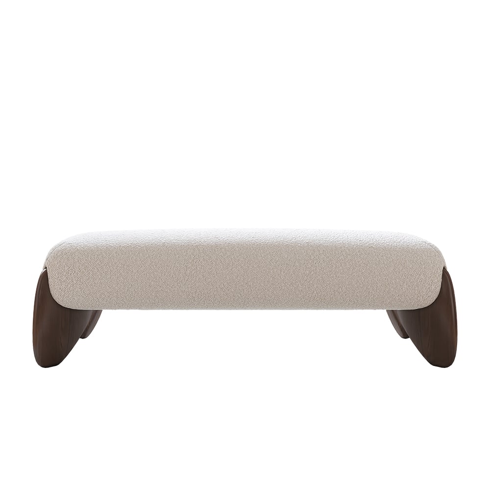 HMR Curva White Boucle Platform King Size Bed & Bedroom Bench Set - White, King