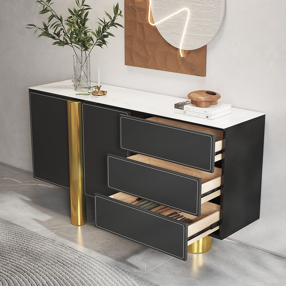 HMR - 60" White Storage Sideboard Buffet Sintered Stone Top Black Faux Leather Cabinet