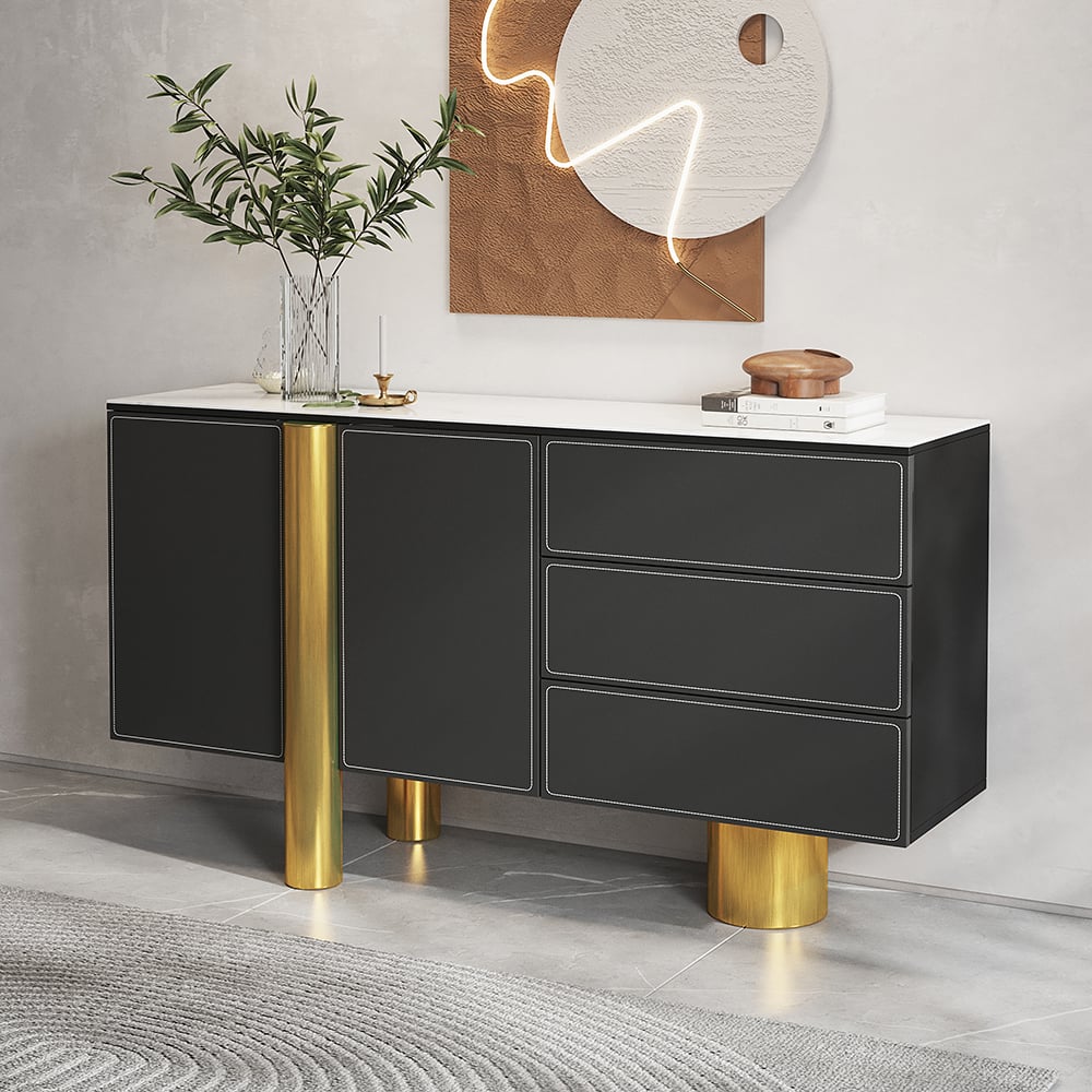 HMR - 60" White Storage Sideboard Buffet Sintered Stone Top Black Faux Leather Cabinet