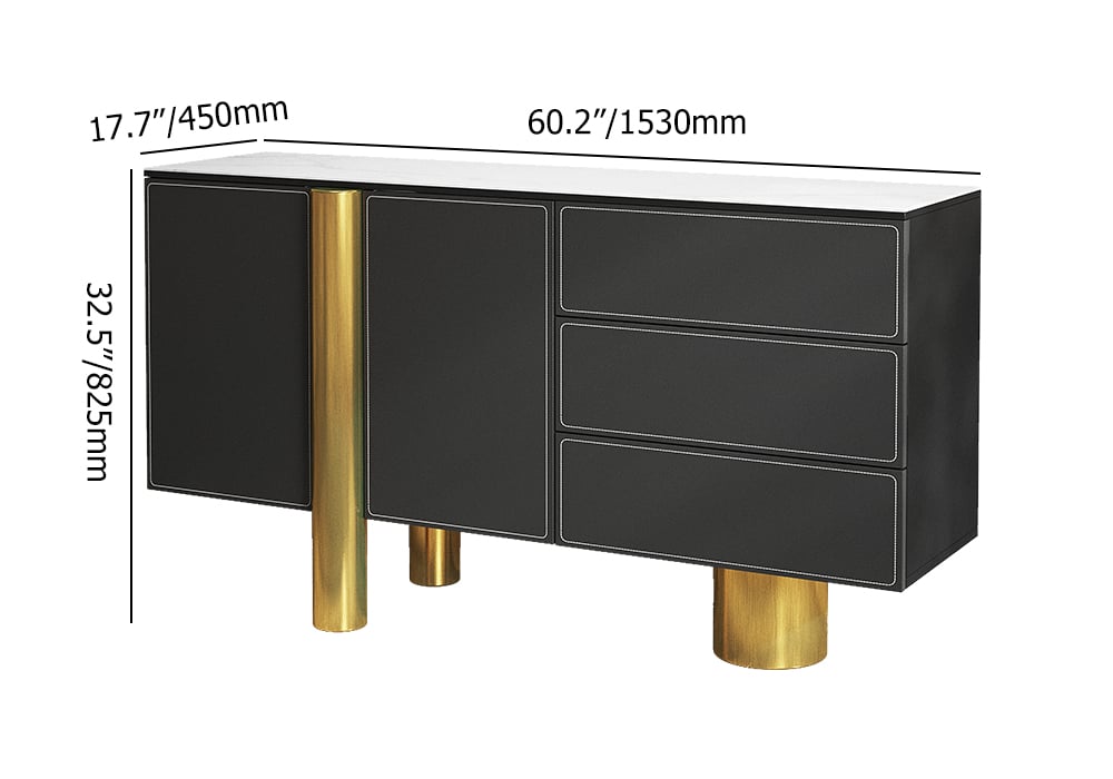 HMR - 60" White Storage Sideboard Buffet Sintered Stone Top Black Faux Leather Cabinet