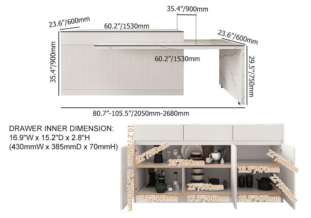 HMR 85''-106" Extendable Kitchen lsland with Doors&Drawers - White, Engineered Wood, Left-Hand Facing
