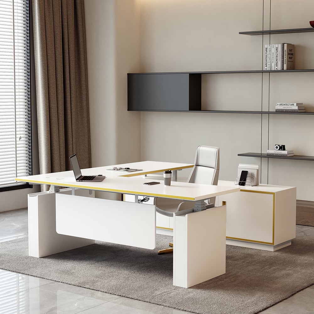 HMR - Modern White U-shaped Adjustable Height Electric Standing Desk with 2 Doors & 3 Drawers