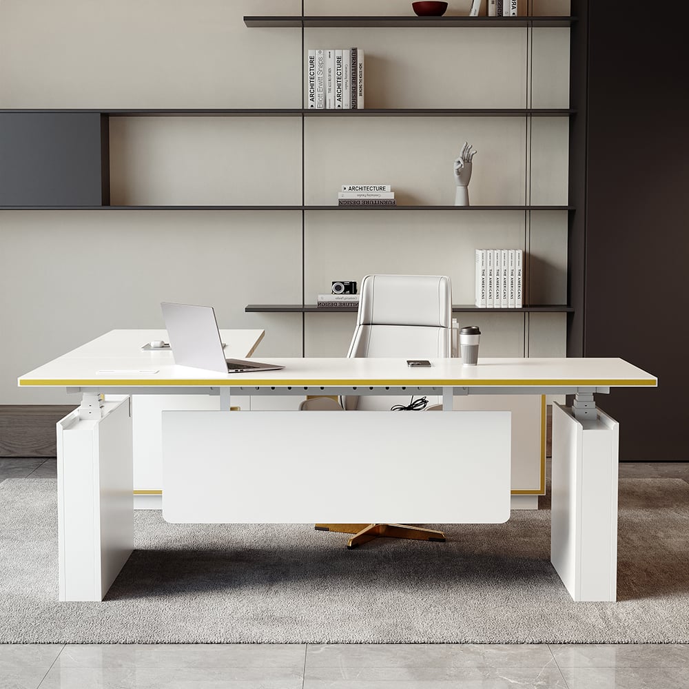 HMR - Modern White U-shaped Adjustable Height Electric Standing Desk with 2 Doors & 3 Drawers