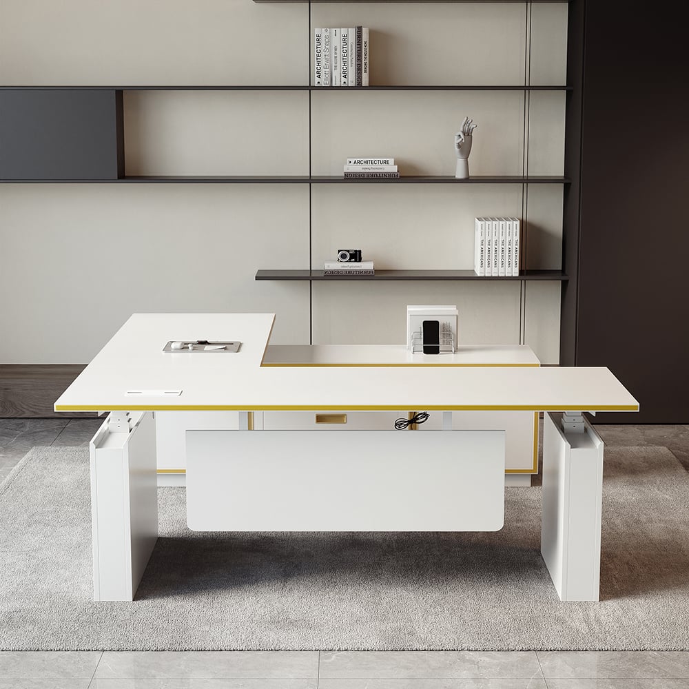 HMR - Modern White U-shaped Adjustable Height Electric Standing Desk with 2 Doors & 3 Drawers