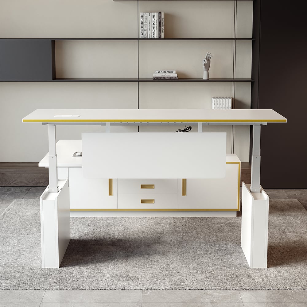 HMR - Modern White U-shaped Adjustable Height Electric Standing Desk with 2 Doors & 3 Drawers