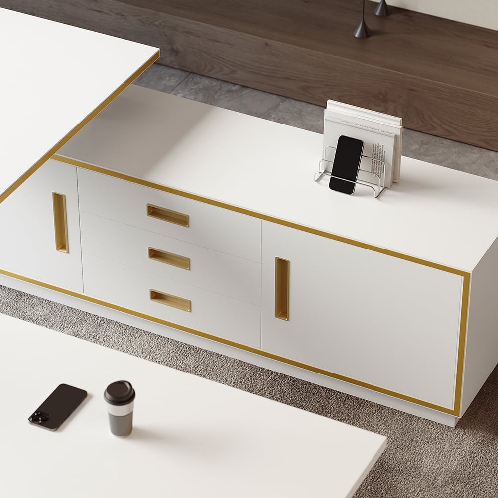 HMR - Modern White U-shaped Adjustable Height Electric Standing Desk with 2 Doors & 3 Drawers