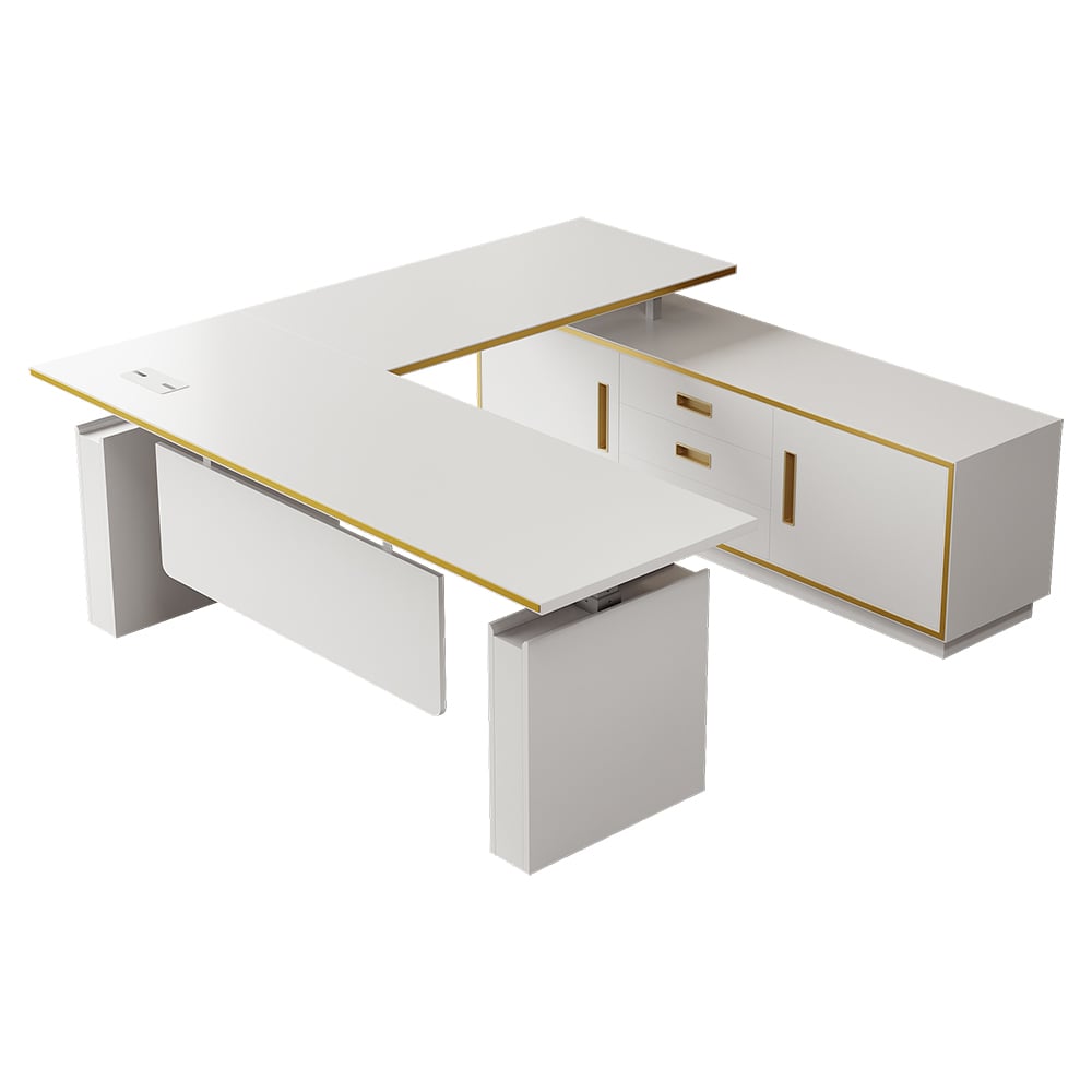 HMR - Modern White U-shaped Adjustable Height Electric Standing Desk with 2 Doors & 3 Drawers