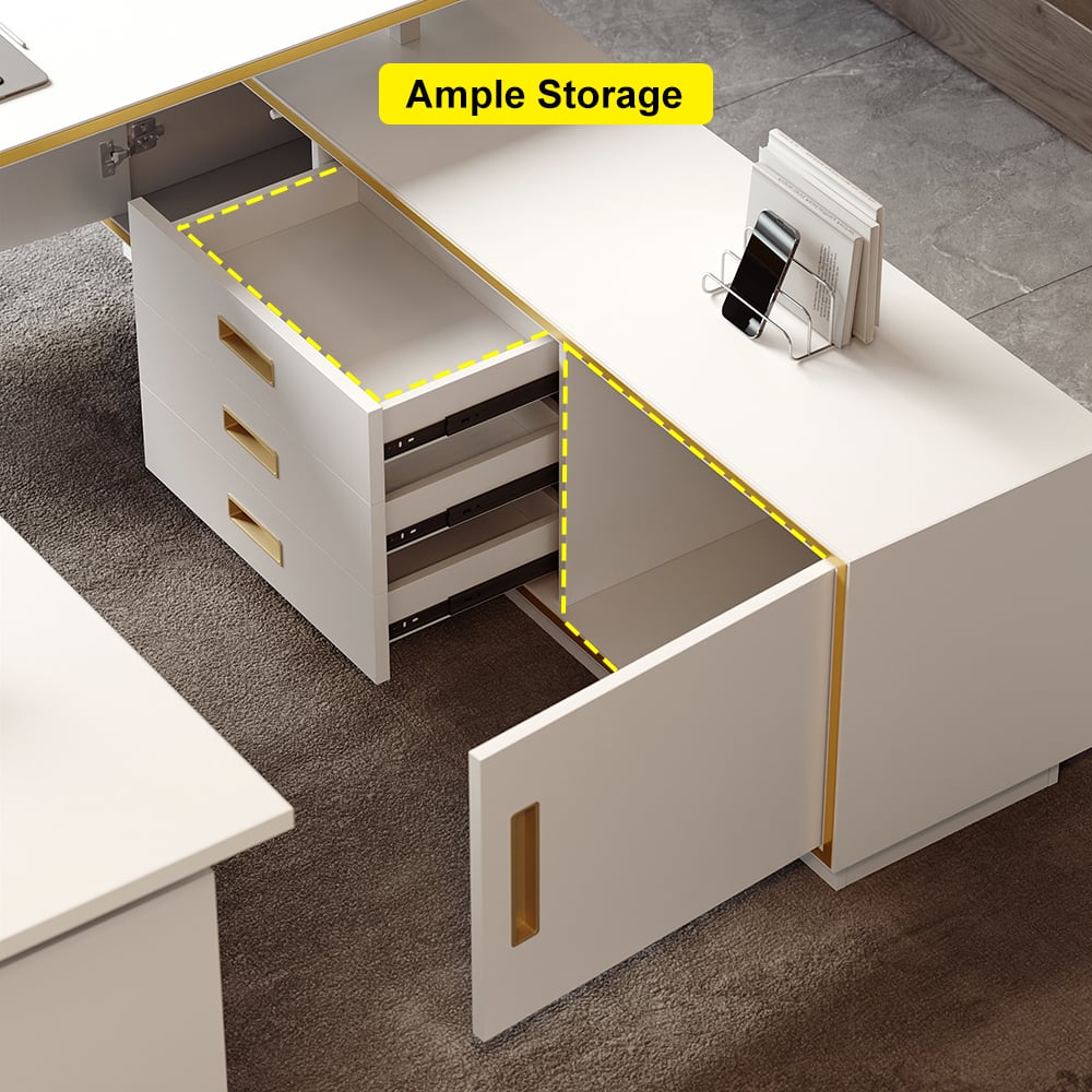 HMR - Modern White U-shaped Adjustable Height Electric Standing Desk with 2 Doors & 3 Drawers