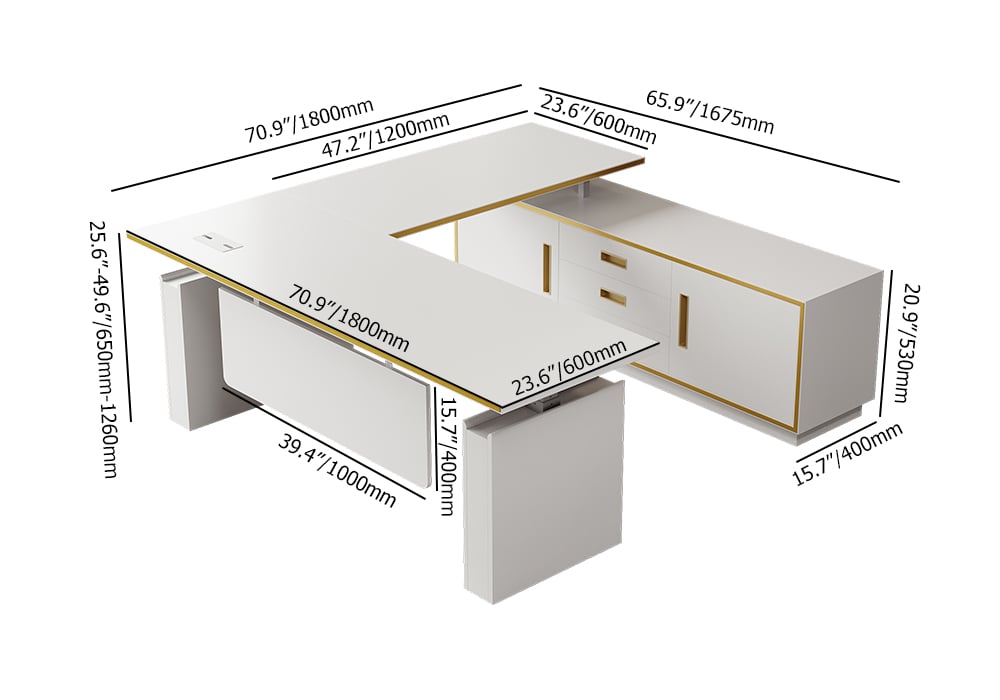 HMR - Modern White U-shaped Adjustable Height Electric Standing Desk with 2 Doors & 3 Drawers