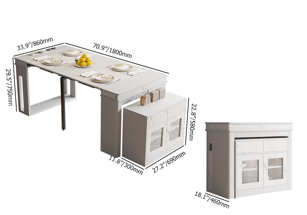 HMR 70.9" Rectangle Folding Wood Dining Table with Sideboard (Seats 2-4 People) - White