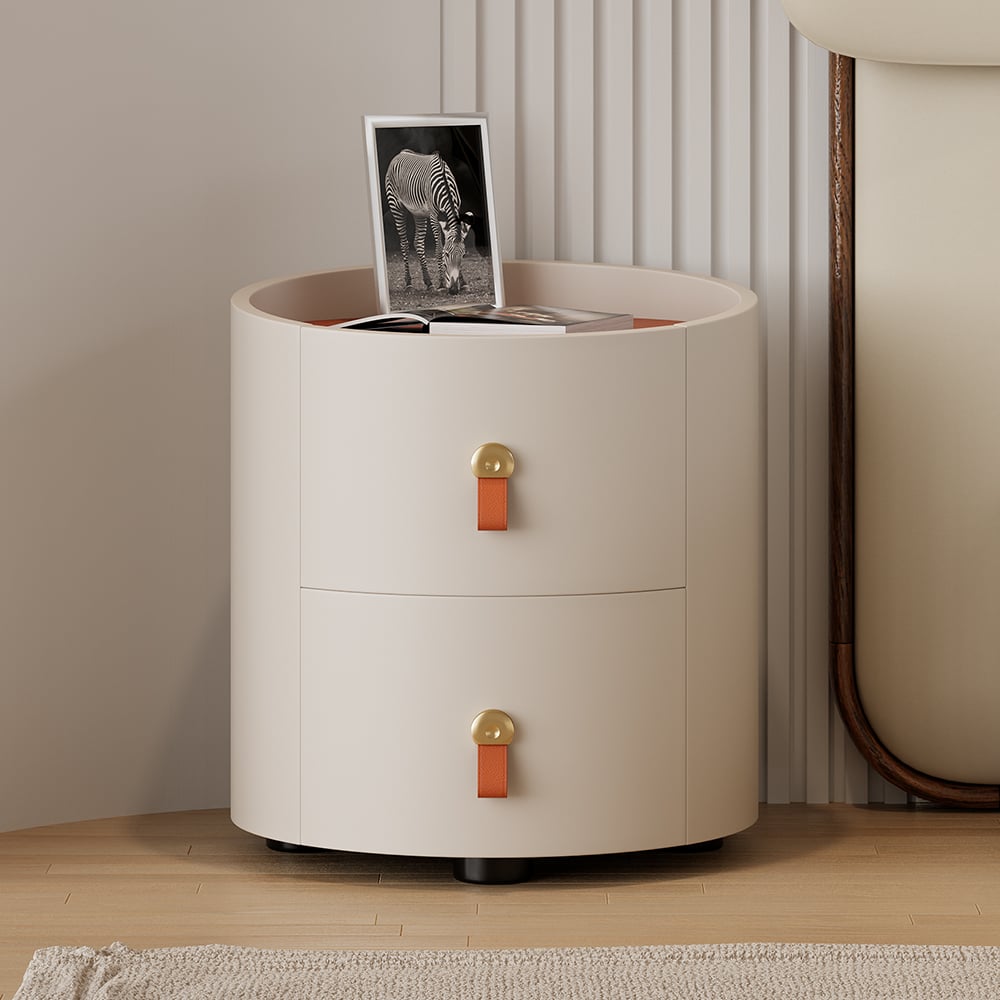 HMR - Chanor Round Leather 2 Drawer Nightstand with Sintered Stone Top & Wireless Charger
