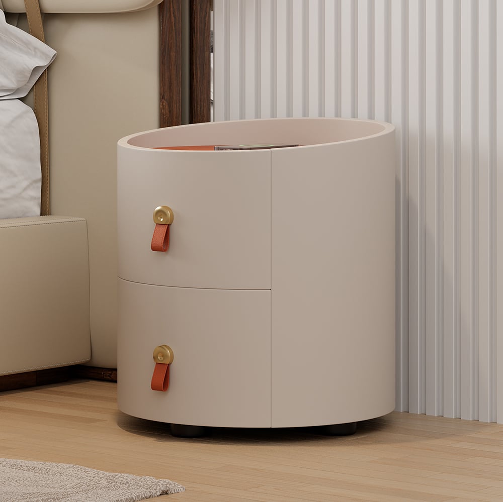 HMR - Chanor Round Leather 2 Drawer Nightstand with Sintered Stone Top & Wireless Charger