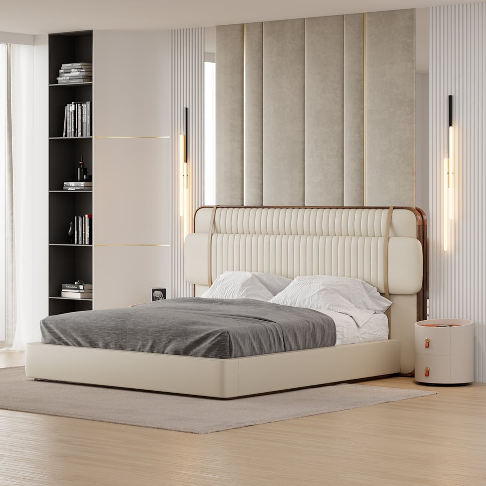 HMR - Chanor Round Leather 2 Drawer Nightstand with Sintered Stone Top & Wireless Charger