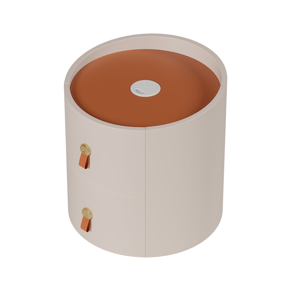 HMR - Chanor Round Leather 2 Drawer Nightstand with Sintered Stone Top & Wireless Charger