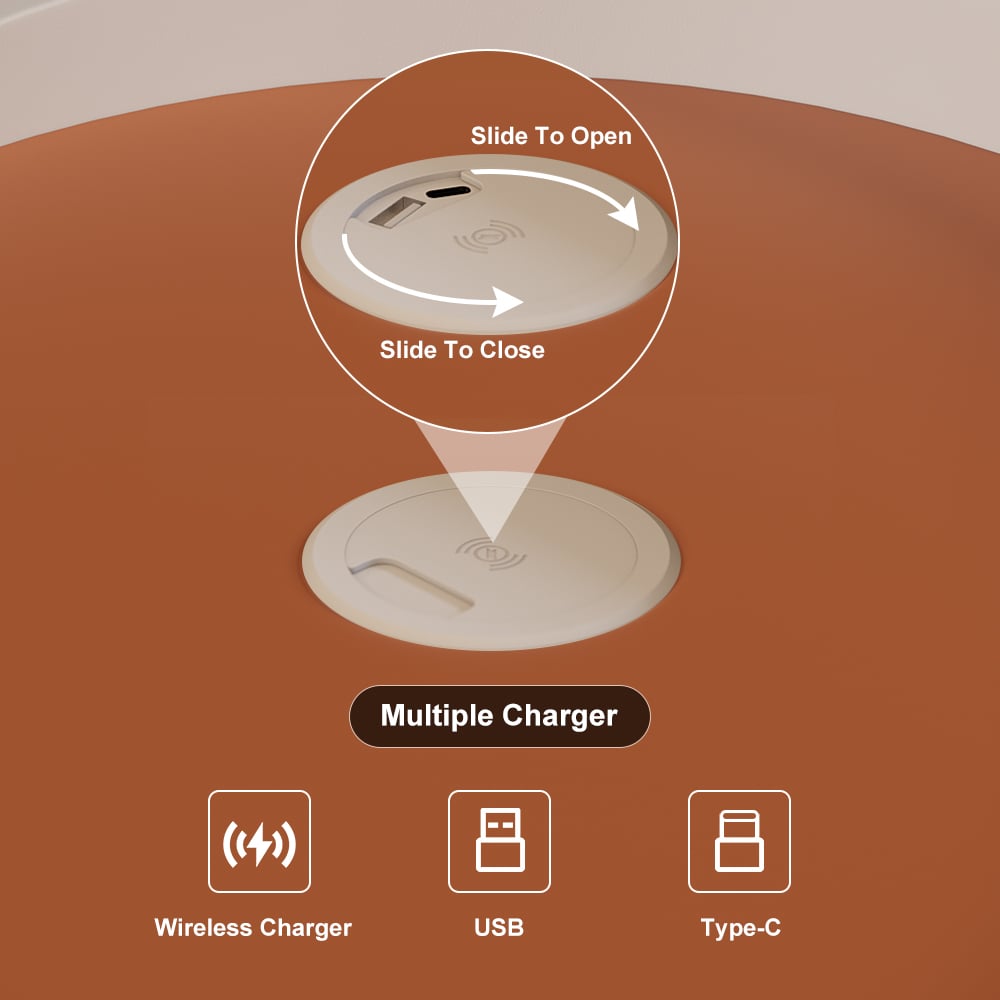 HMR - Chanor Round Leather 2 Drawer Nightstand with Sintered Stone Top & Wireless Charger