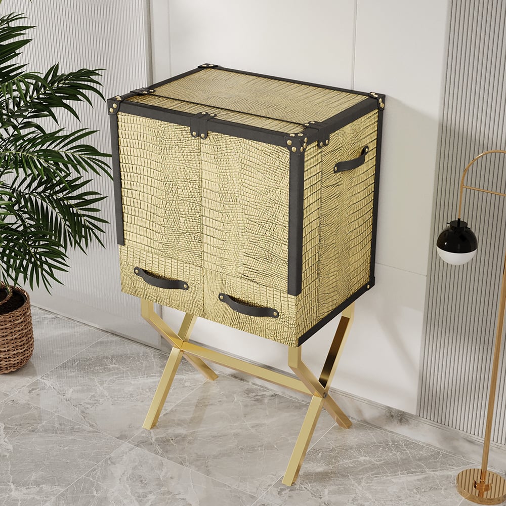 HMR - Luxury Gold Faux Leather Bar Wine Rack Cabinet with Storage Home Bar Cabinet
