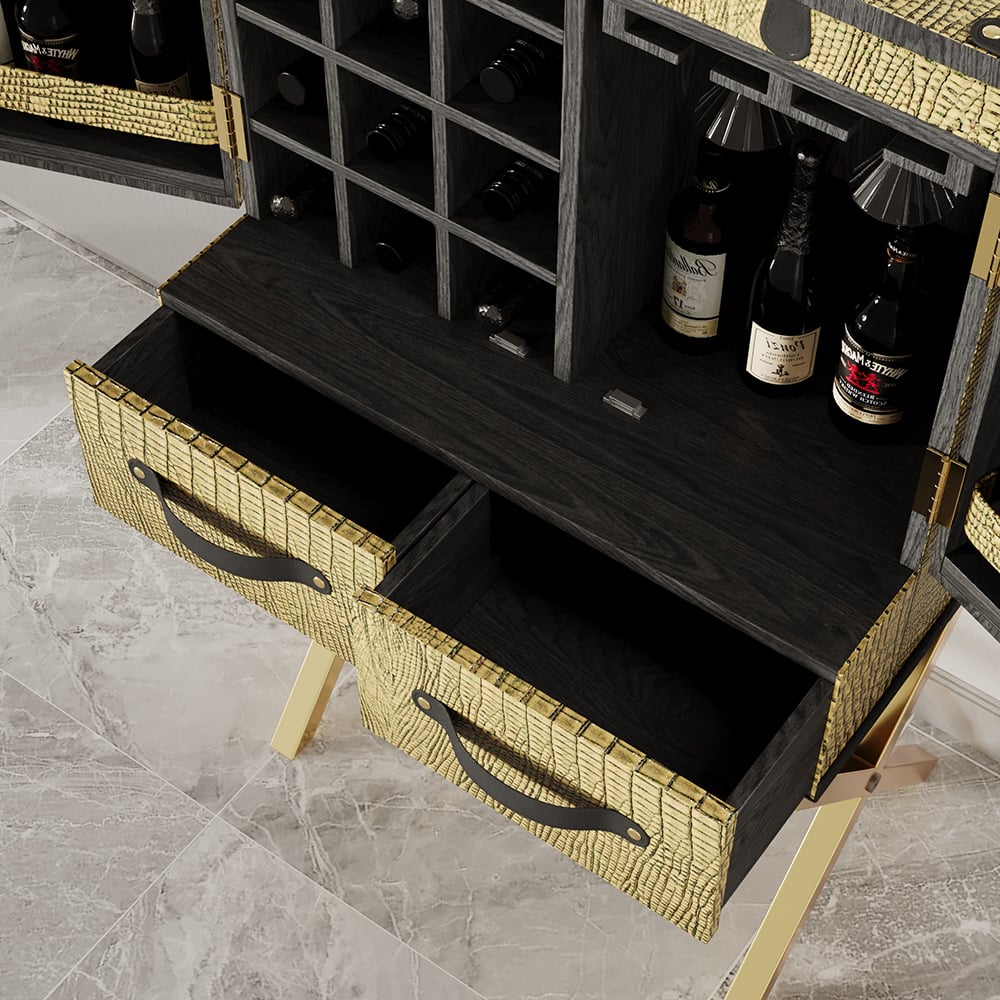 HMR - Luxury Gold Faux Leather Bar Wine Rack Cabinet with Storage Home Bar Cabinet