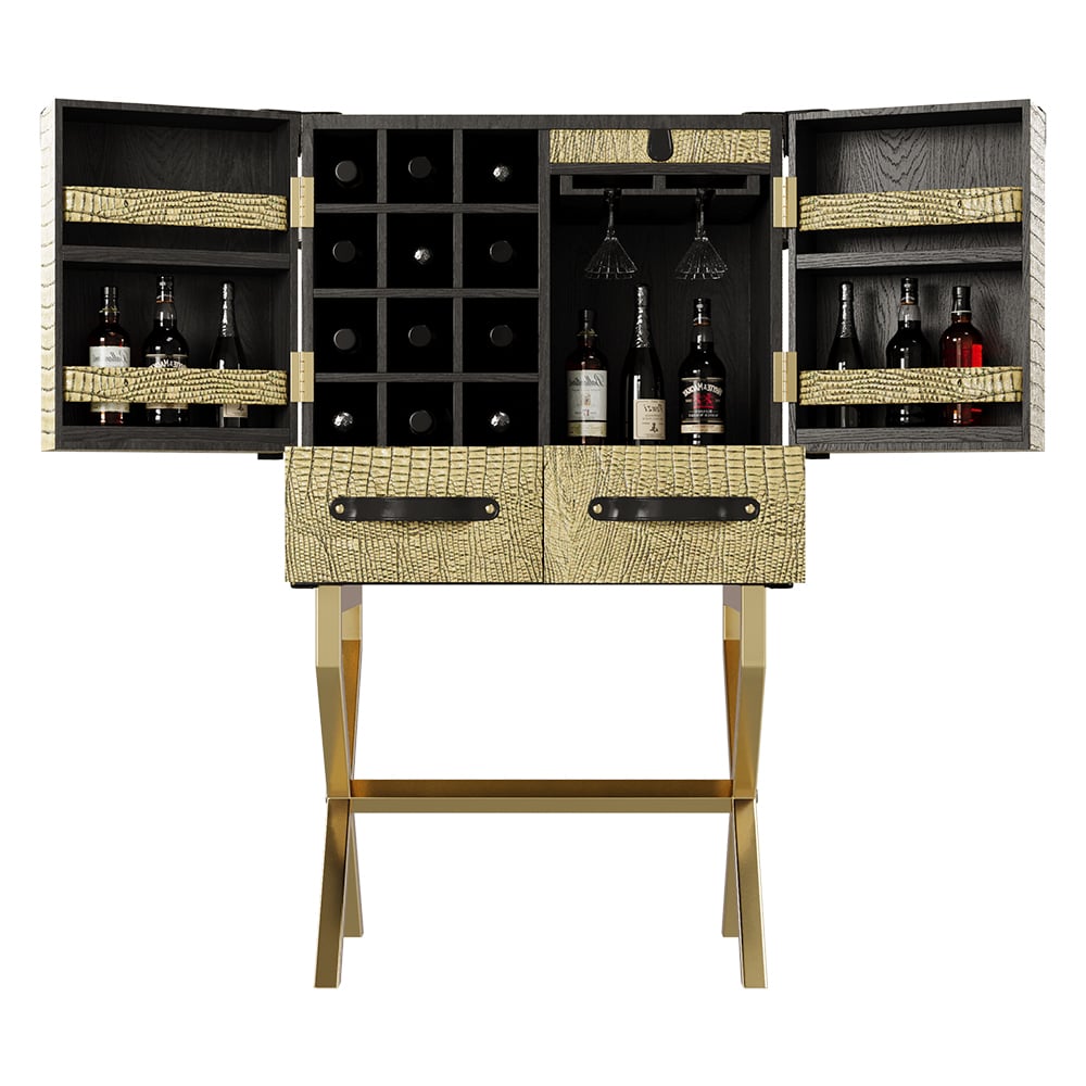 HMR - Luxury Gold Faux Leather Bar Wine Rack Cabinet with Storage Home Bar Cabinet