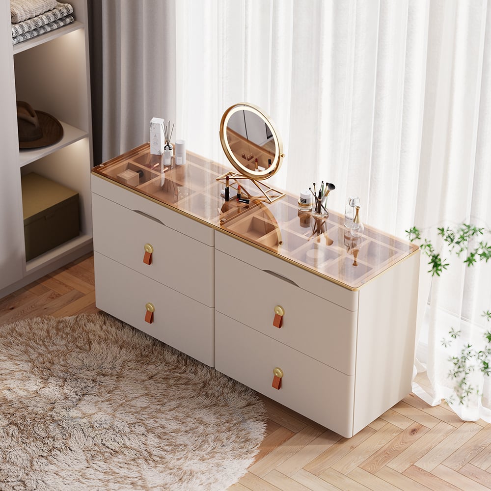 HMR Chanor 47" Glass Top 6-Drawer Dresser - Champagne