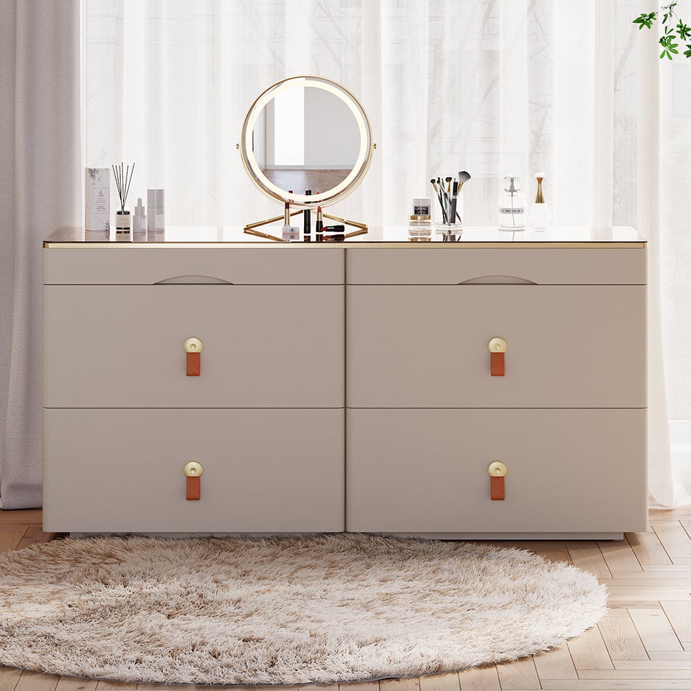 HMR Chanor 47" Glass Top 6-Drawer Dresser - Champagne