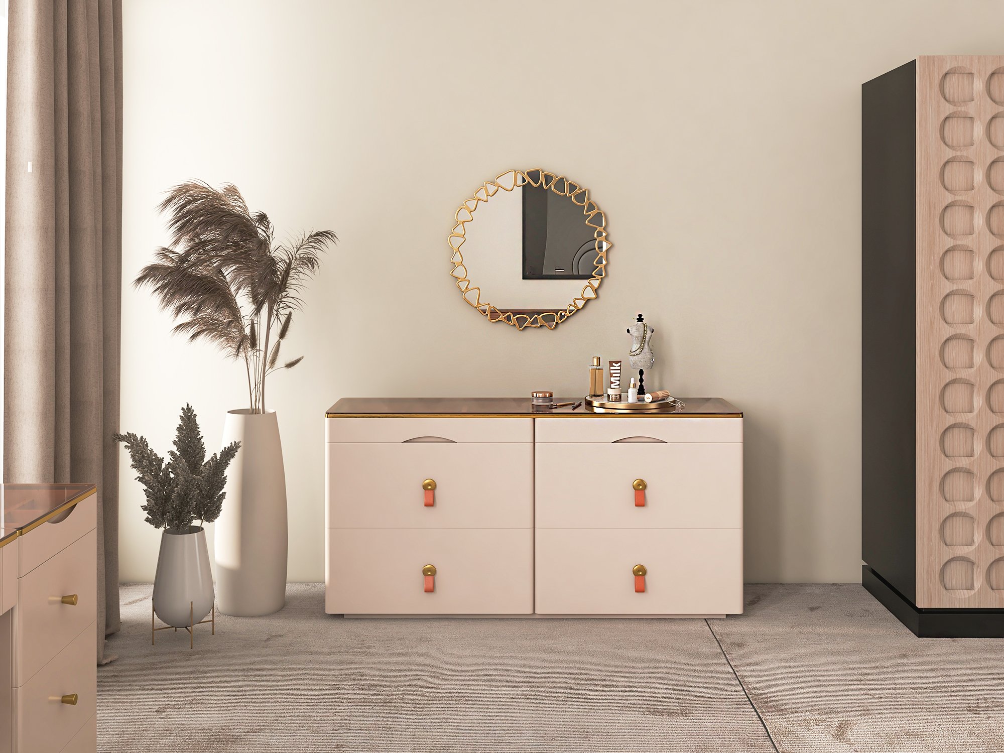 HMR Chanor 47" Glass Top 6-Drawer Dresser - Champagne