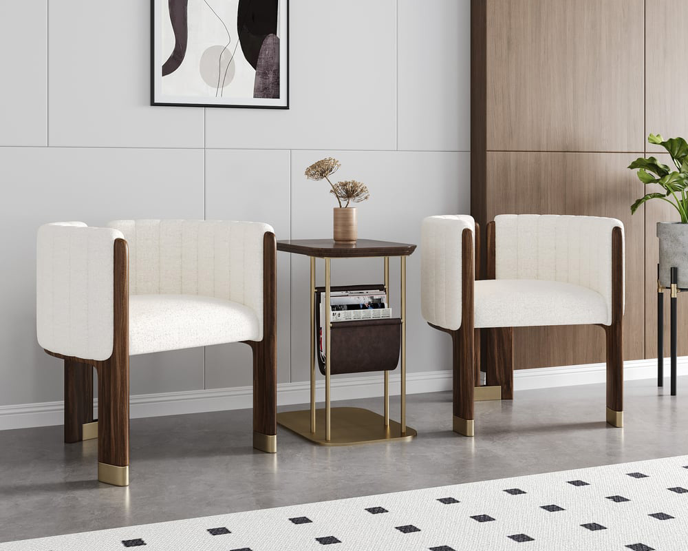 HMR Boucle Fluted Upholstered Accent Chair with Wood Frame (Set of 4) - White
