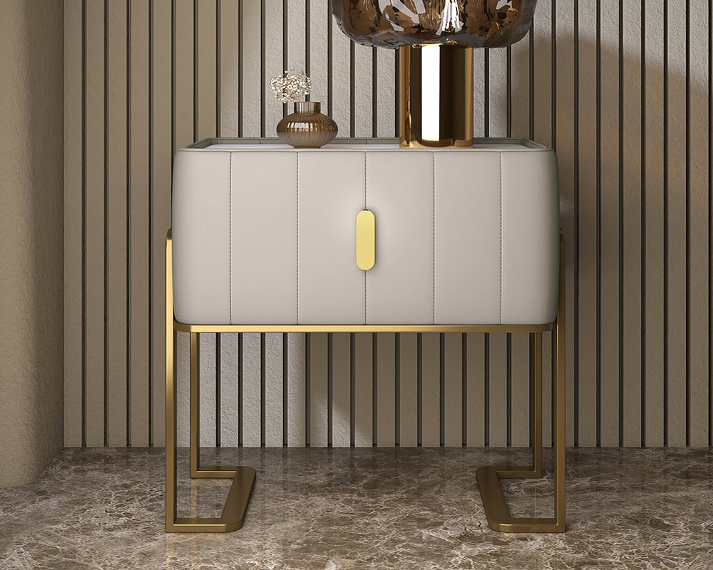 HMR Modern Nightstand Drawer Bedroom Bedside Table with Sintered Stone Top - Champagne, Set of 2