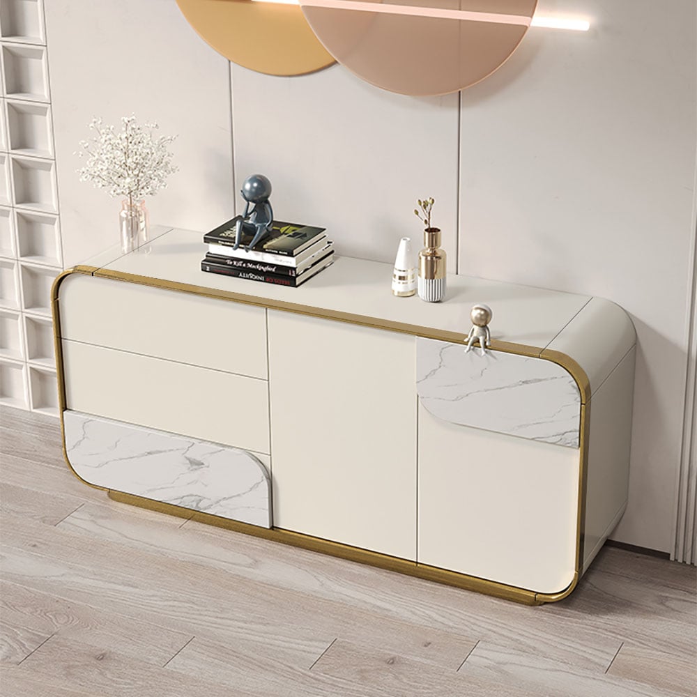 HMR - 63" Modern Off White Sideboard Buffet with Storage White Sintered Stone Credenza