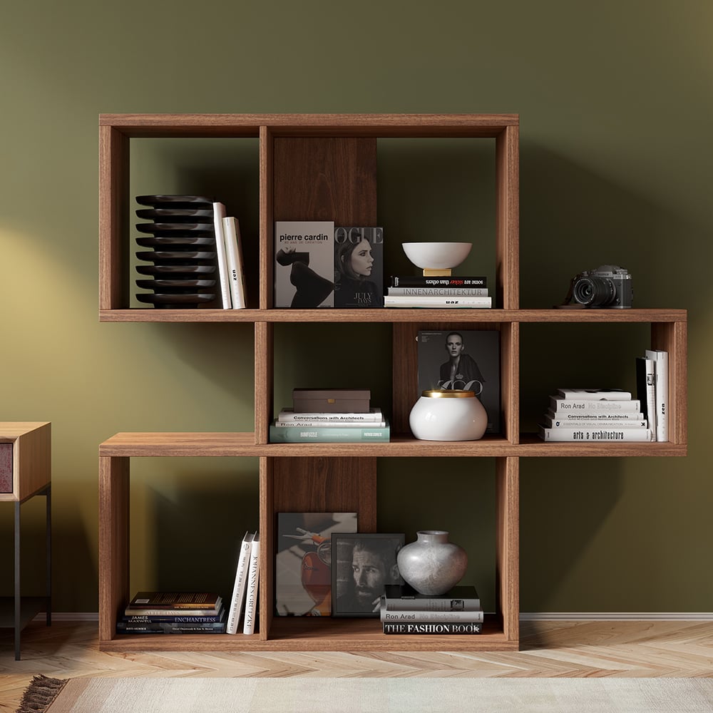 HMR - Modern 3-Tier Geometric Horizontal Bookcase Walnut Wood Bookshelf Storage Display Shelf