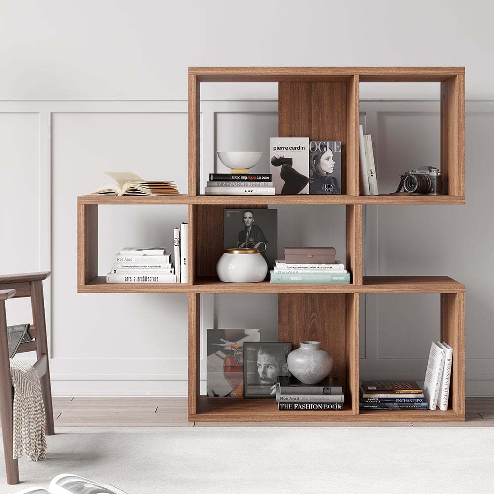HMR - Modern 3-Tier Geometric Horizontal Bookcase Walnut Wood Bookshelf Storage Display Shelf