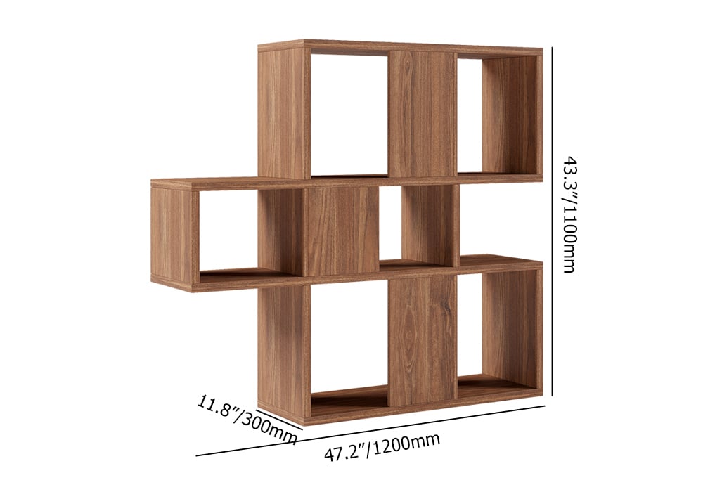 HMR - Modern 3-Tier Geometric Horizontal Bookcase Walnut Wood Bookshelf Storage Display Shelf