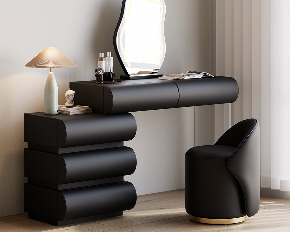 HMR Humply Makeup Vanity Set - Black, With Nightstand, 2 Drawers