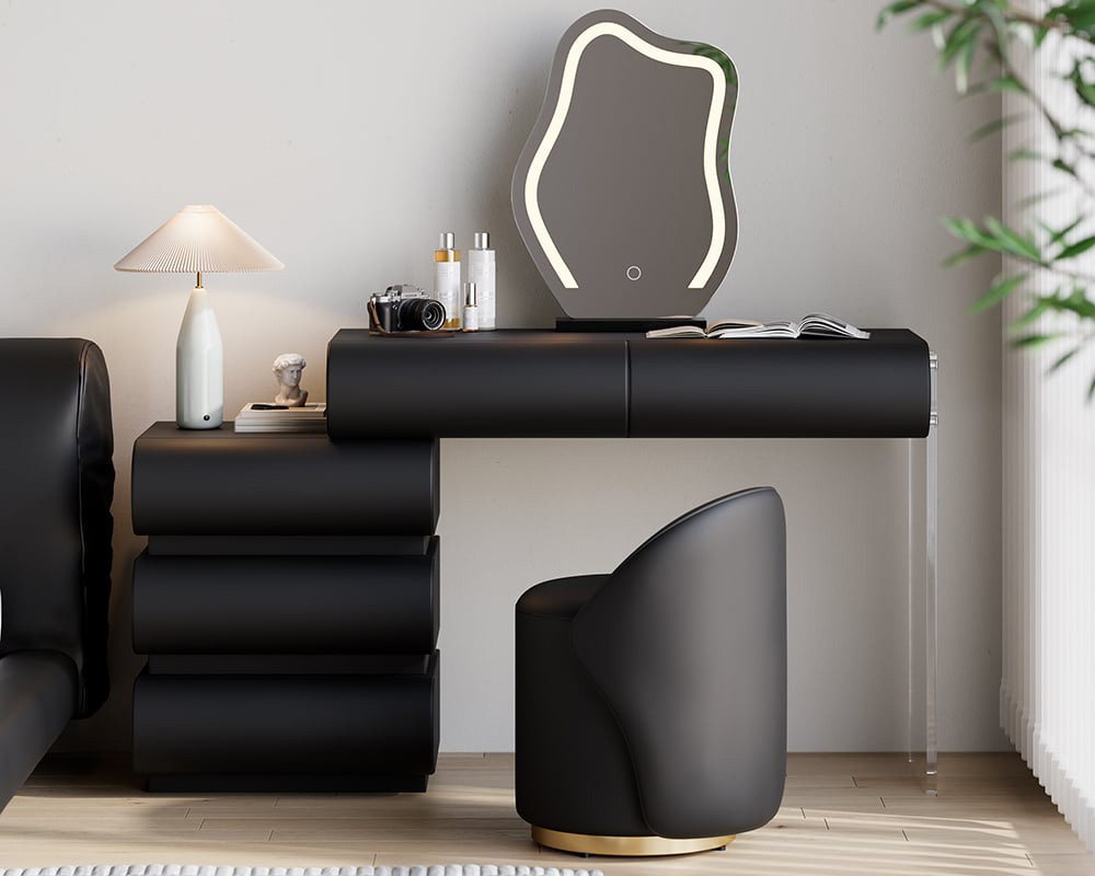 HMR Humply Makeup Vanity Set - Black, With Nightstand, 2 Drawers