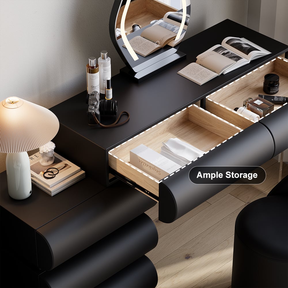HMR Humply Makeup Vanity Set - Black, With Nightstand, 2 Drawers