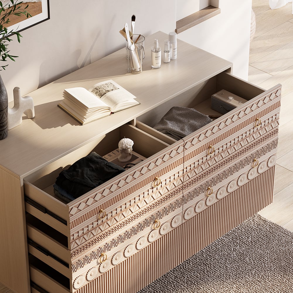 HMR - 47"W Boho Accent Dresser & Chest 6 Drawer Storage Cabinet