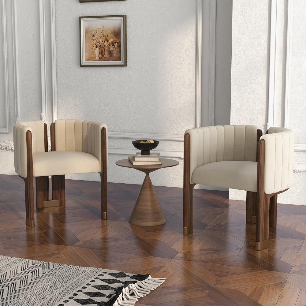 HMR Velvet Fluted Upholstered Accent Chair with Wood Frame - Beige