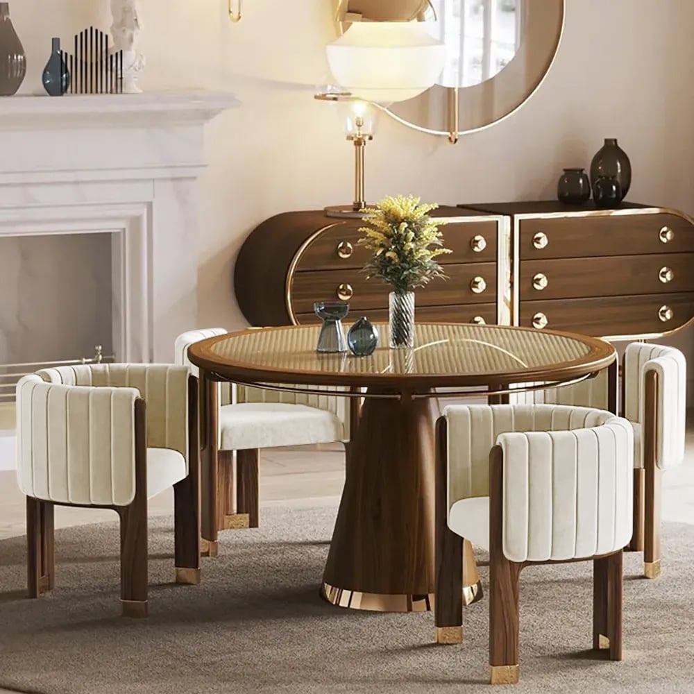 HMR Velvet Fluted Upholstered Accent Chair with Wood Frame - Beige