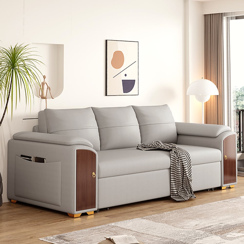 HMR - 94.5" Gray Pull Out Sofa Bed Convertible Leath-Aire Sleeper with Lift-top Coffee Table