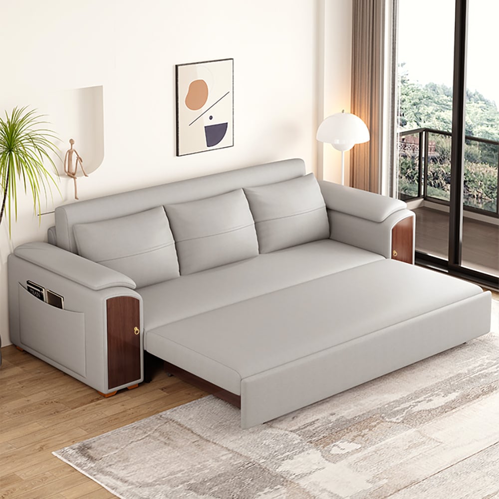 HMR - 94.5" Gray Pull Out Sofa Bed Convertible Leath-Aire Sleeper with Lift-top Coffee Table
