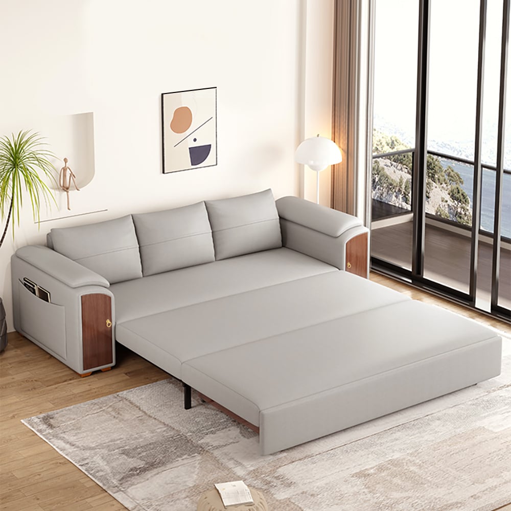 HMR - 94.5" Gray Pull Out Sofa Bed Convertible Leath-Aire Sleeper with Lift-top Coffee Table