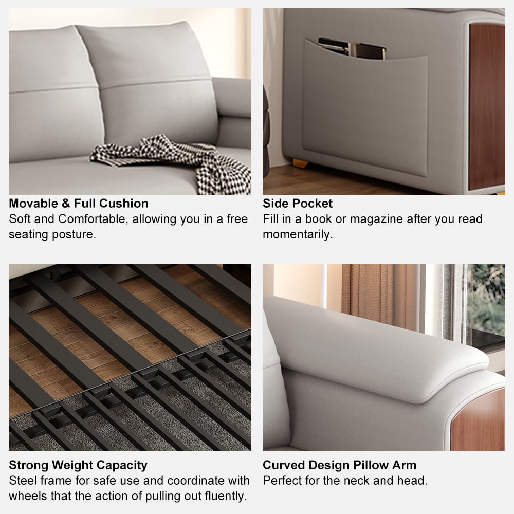 HMR - 94.5" Gray Pull Out Sofa Bed Convertible Leath-Aire Sleeper with Lift-top Coffee Table
