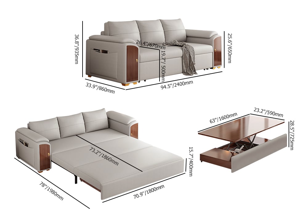 HMR - 94.5" Gray Pull Out Sofa Bed Convertible Leath-Aire Sleeper with Lift-top Coffee Table