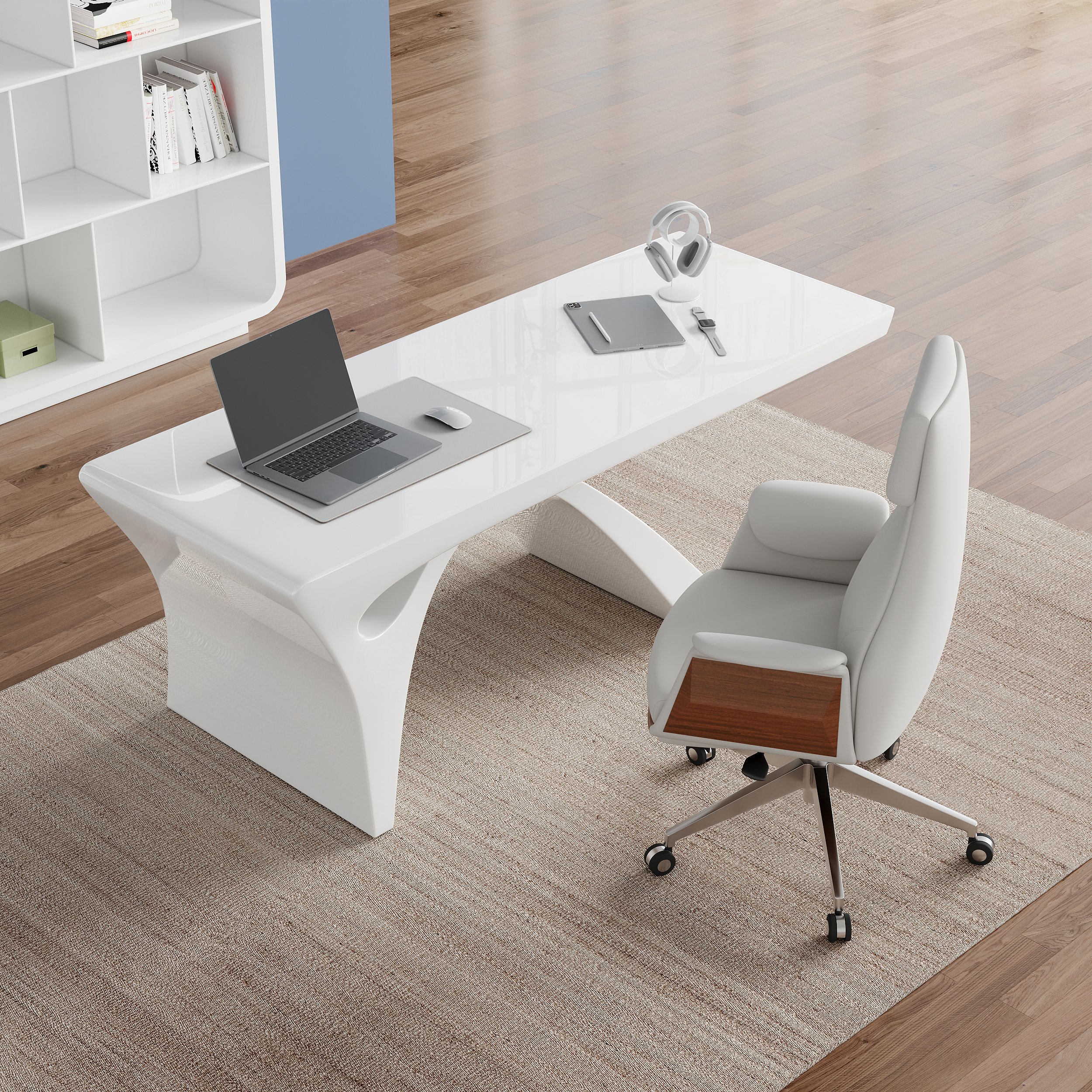 HMR Modern White Computer Desk & Leather Office Desk Chair Set High Back Adjustable - White, 70.9"L x 27.6"W x 29.5"H