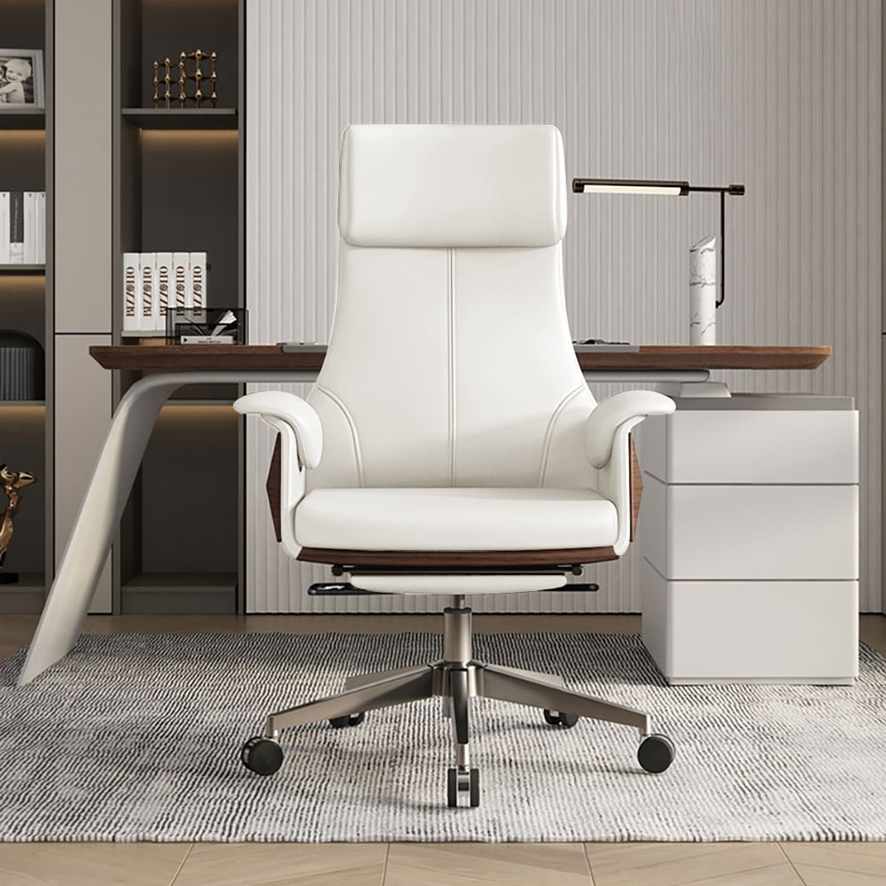 HMR Modern White Computer Desk & Leather Office Desk Chair Set High Back Adjustable - White, 70.9"L x 27.6"W x 29.5"H