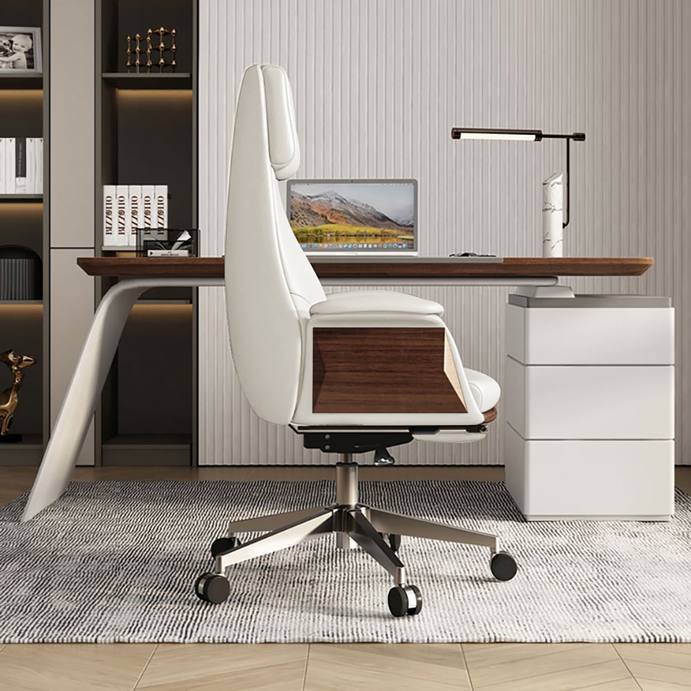HMR Modern White Computer Desk & Leather Office Desk Chair Set High Back Adjustable - White, 70.9"L x 27.6"W x 29.5"H
